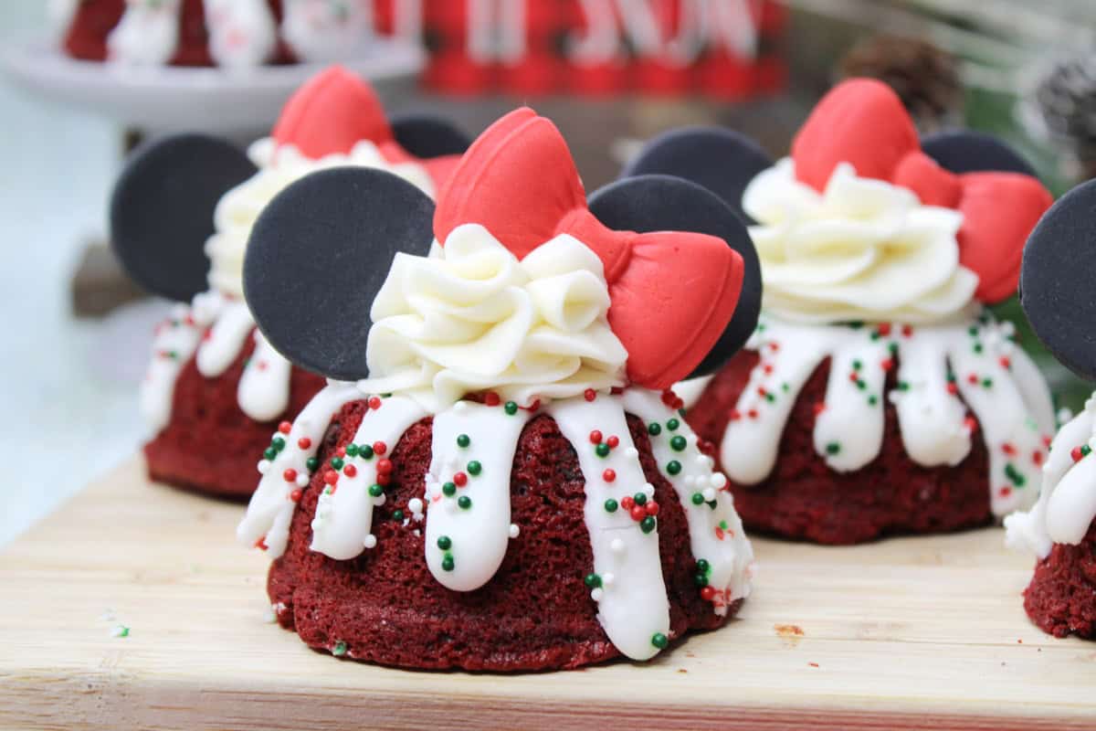 iced mini bundt with Minnie Mouse ear toppers