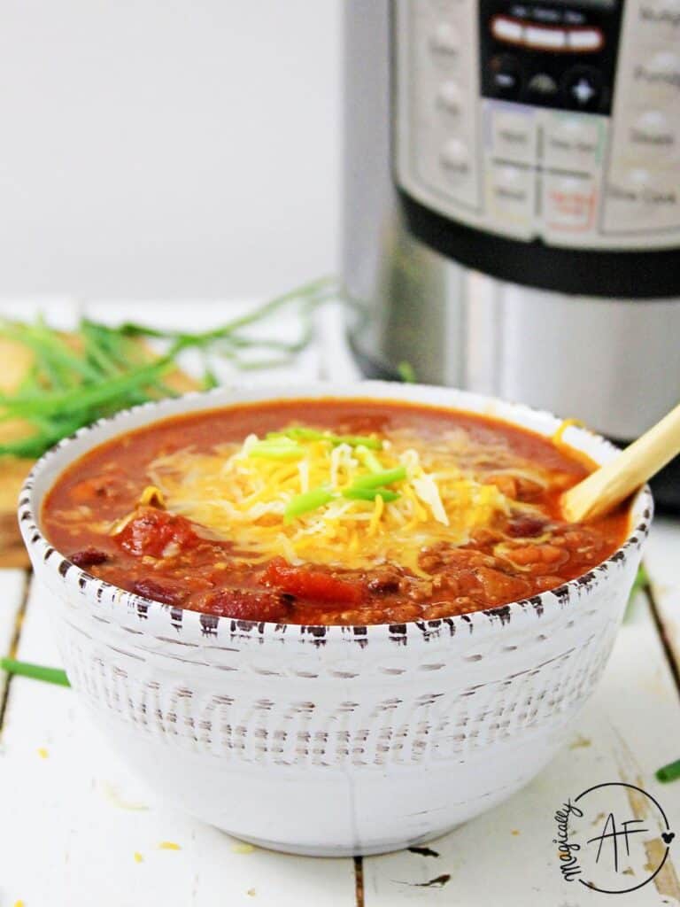 Instant Pot Turkey Chili in a white bowl